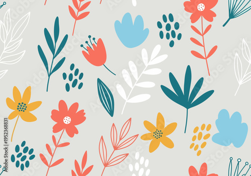 Handcrafted botanical design with whimsical flowers and leaves forming a cohesive and balanced arrangement