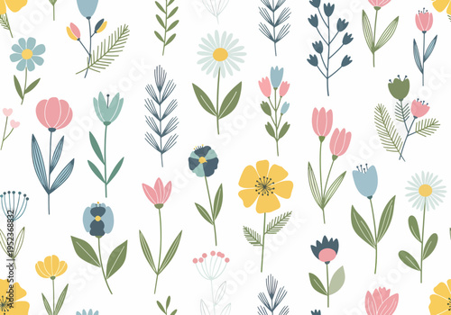 Decorative botanical pattern featuring simple flowers and leaves arranged in a visually pleasing composition