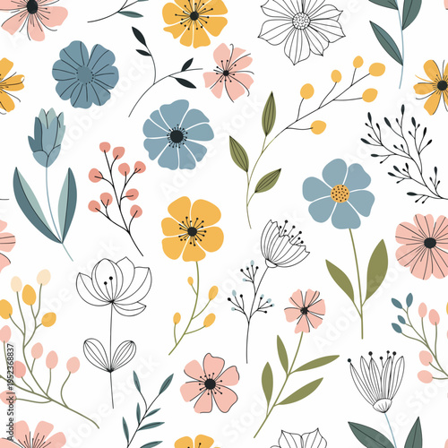 Charming botanical pattern with playful flowers and leaves arranged in a balanced and harmonious composition