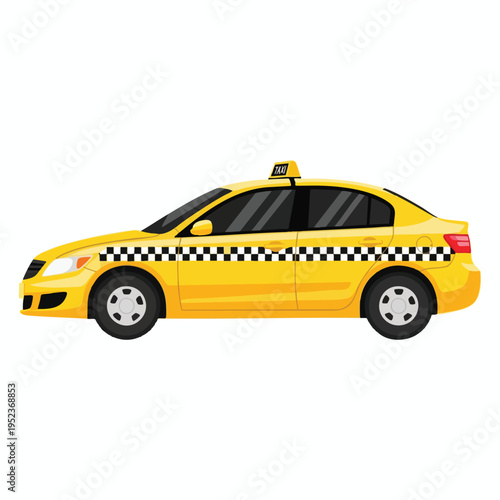 A yellow sedan taxi with a checkered stripe and taxi sign on top