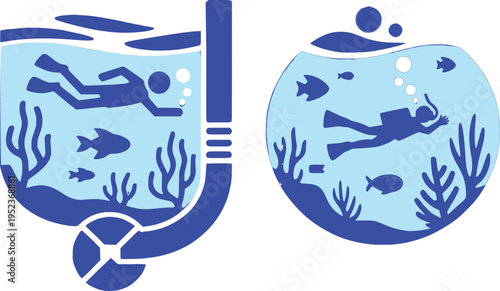 Scuba Diving Underwater Adventure Icon badge with Fish and Coral Illustration