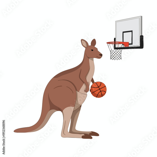 A brown kangaroo holds a basketball near a basketball hoop, ready to play