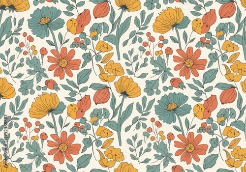 Hand-drawn botanical pattern with whimsical flowers and leaves forming a cohesive and elegant decorative surface