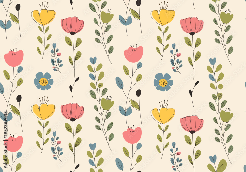 Fototapeta premium Soft and gentle floral artwork with repeating botanical elements in a soothing palette