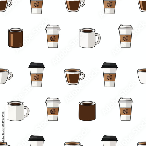 A repeating pattern of various brown and white coffee cups and takeaway cups