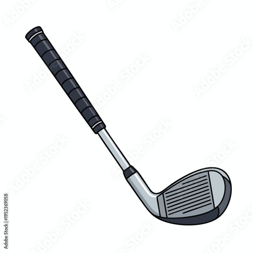 Isolated cartoon golf club, with black grip, metal shaft, and grey club head with grooves