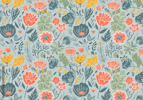 Tableau sur toile Vintage botanical pattern with muted tones and stylized flowers creating a timel