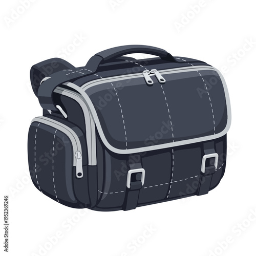 A dark grey messenger bag with multiple compartments and strap accents