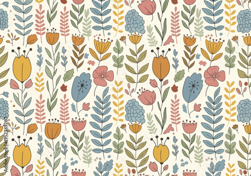 Charming garden-inspired pattern with playful blossoms and leaves in a cohesive arrangement