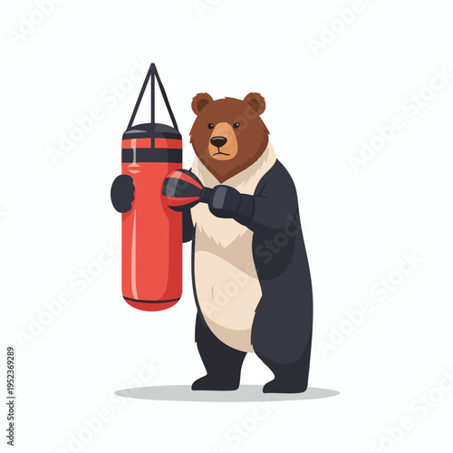 A cartoon bear in boxing gloves punches a red punching bag