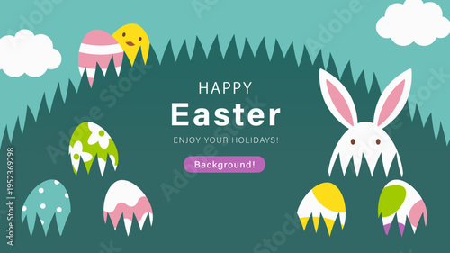 イースターデザイン　草の中のウサギとヒヨコとイースターエッグ (Easter design, Easter egg, bunny and chick in the meadow)