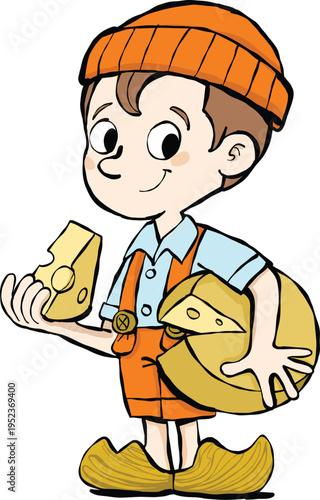 little Dutch boy with a wheel of cheese by his side2.eps