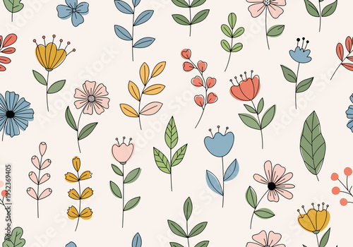 Playful garden-themed design with scattered flowers and charming leafy accents throughout