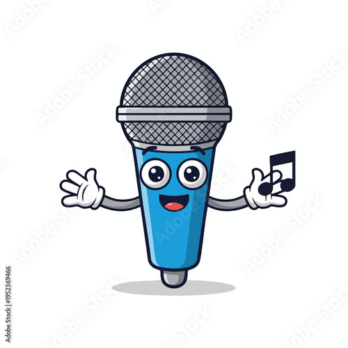 Cheerful blue microphone character holding a music note and open arms