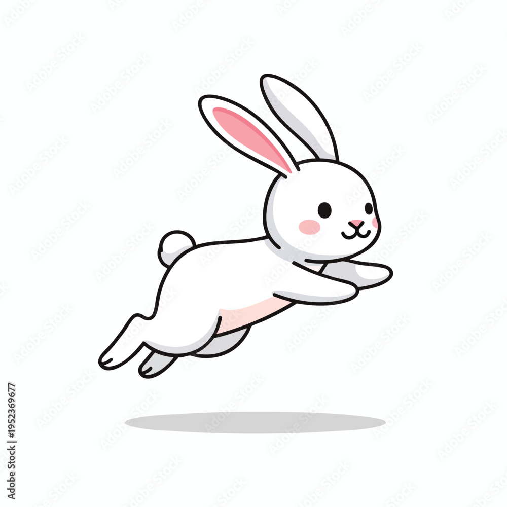 Obraz premium A cartoon white rabbit is jumping joyfully, with pink ears and blush marks
