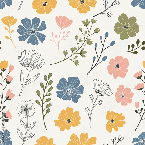 Playful floral arrangement with abstract flowers and rhythmic repetition across light background