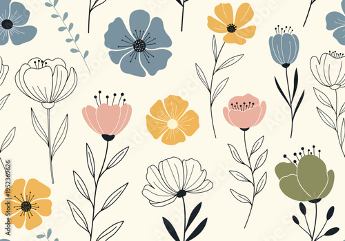 Charming botanical illustration featuring lively blossoms and delicate leaf accents throughout pattern