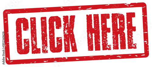 Click here red square grungy square vintage rubber stamp.