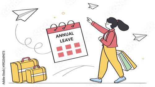 Vector illustration of woman on annual leave with luggage and calendar