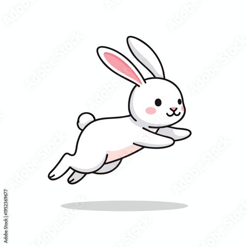 A cartoon white rabbit is jumping joyfully, with pink ears and blush marks