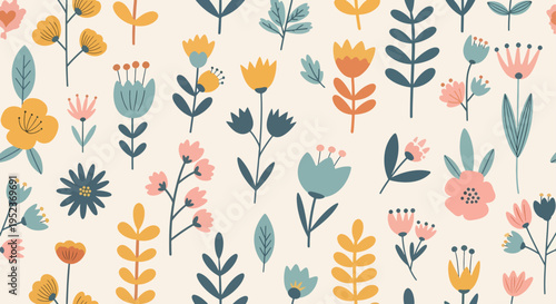 Retro garden-inspired design showcasing stylized flowers and abstract leaf shapes in harmony