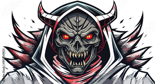  illustration of a demon with a skull face and red eyes