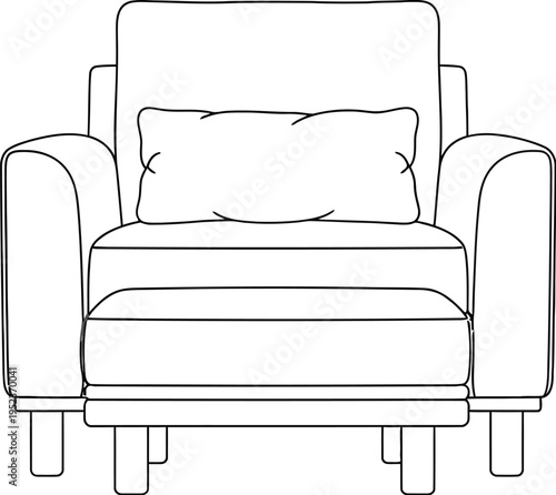 Simple line art illustration of a comfortable upholstered armchair with a decorative throw pillow perfect for a modern living room or cozy lounge area.
