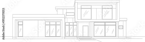 Architectural line drawing of a contemporary two-story residential house showcasing modern design principles and clean lines suitable for real estate development projects.