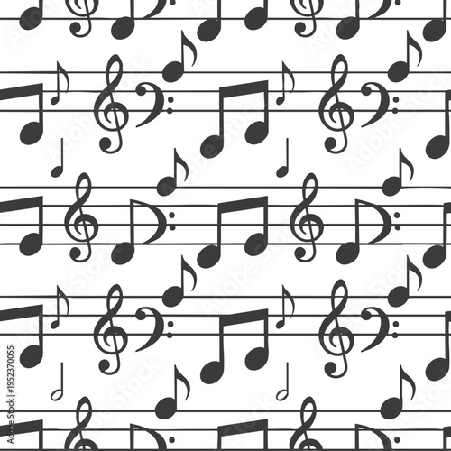 Seamless pattern of musical notes and staff lines in black and white