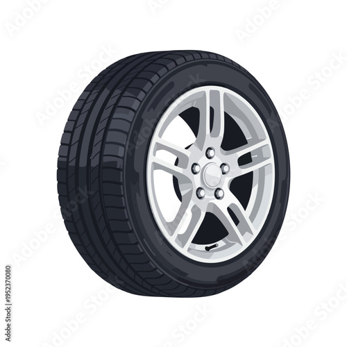 Detailed view of a car tire with a silver alloy rim against a white background