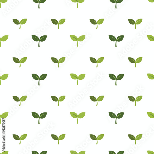Repeating pattern of small green seedlings with two leaves on a white background