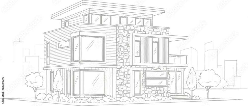 Obraz premium Black and white line art drawing showcasing a modern luxury multi-story residence exterior design blueprint style