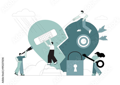 Broken heart. People heal a broken heart. Unhappy love. Vector flat illustration.eps