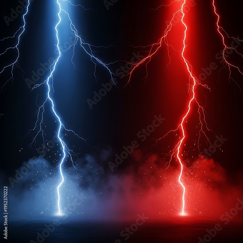 A blue and red lightning bolt striking the ground in a dark background