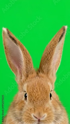 Close up of a small fluffy rabbit's face on a green background