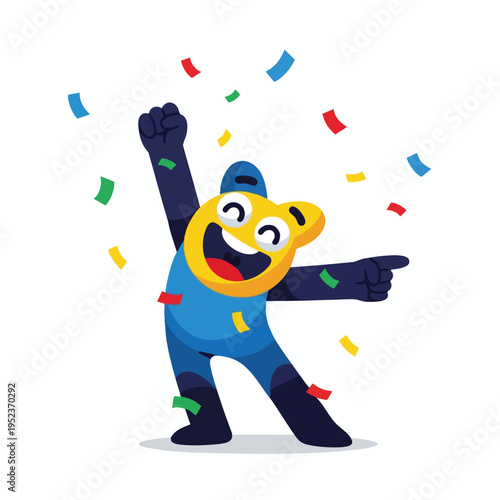 Excited cartoon character in blue suit with yellow face cheers amid colorful confetti