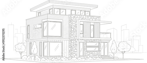 Black and white line art drawing showcasing a modern luxury multi-story residence exterior design blueprint style