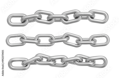 Silver chain links, seamless metal pattern with realistic steel texture, vector set isolated on white background. Jewelry design, necklace illustrations, iron border elements, frame collection