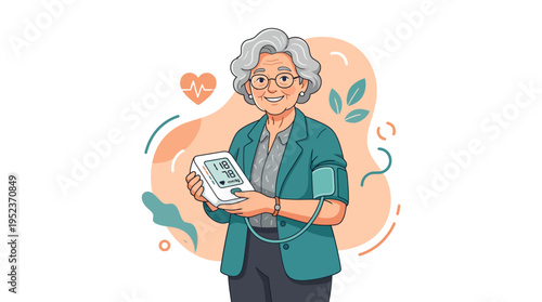 Smiling elderly woman checking her blood pressure with a home monitor, promoting health and wellness.