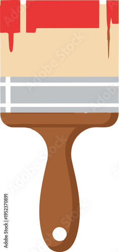 A paintbrush with remnants of red and beige paint dripping from its bristles Vector, illustration