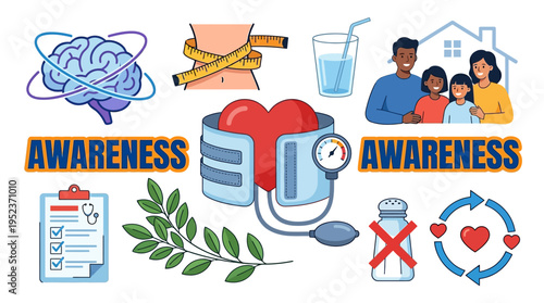 A comprehensive health awareness illustration featuring icons for mental health, weight, hydration, family well-being, heart health, medical check-ups, natural remedies, and salt reduction.
