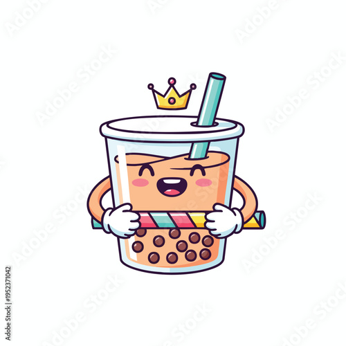 Cheerful bubble tea with crown, holding colorful straw, isolated on white