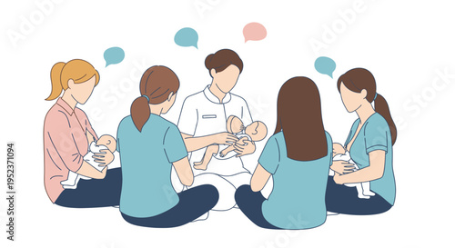 Mothers learning from nurse about newborn care.