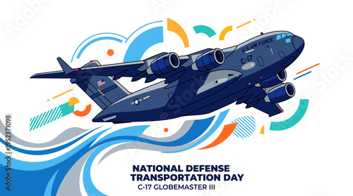 National Defense Transportation Day illustration featuring a C-17 Globemaster III military transport aircraft flying with abstract colorful background.