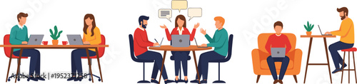 Office Team Collaboration Set Featuring Group Discussions Brainstorming and Solo Work with Laptops in Modern Workplace Vector Illustration Collection