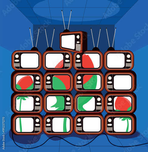 Old televisions broadcast images of tulips. Spring has arrived, and the cold room is illuminated with light and warmth. Vector illustration.