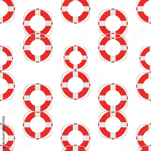 Seamless pattern of red and white life preservers on a white background