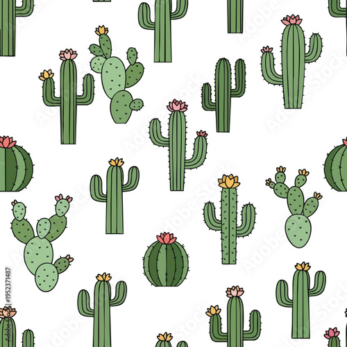 A repeating pattern of various green cartoon cacti with some bearing pink or yellow flowers