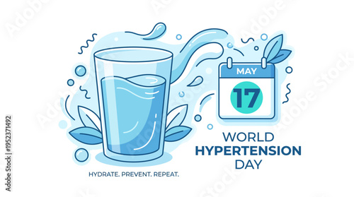 A cartoon illustration for World Hypertension Day on May 17, featuring a glass of water, splashes, and a calendar, emphasizing hydration and prevention.