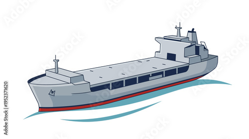 Illustration of a large grey cargo ship with a flat deck sailing on blue water, featuring a red hull line and a simple, clean design.